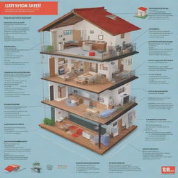 A detailed infographic illustrating important safety precautions and procedures during a typhoon disaster including secure housing, emergency supplies, and evacuation routes.