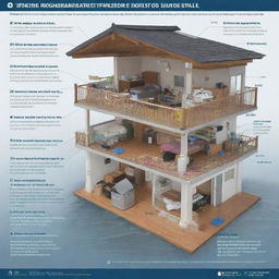 A detailed infographic illustrating important safety precautions and procedures during a typhoon disaster including secure housing, emergency supplies, and evacuation routes.