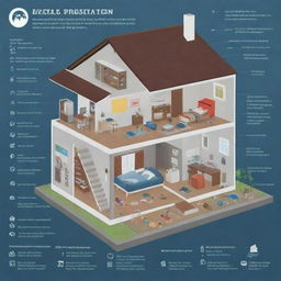 A detailed infographic illustrating important safety precautions and procedures during a typhoon disaster including secure housing, emergency supplies, and evacuation routes.