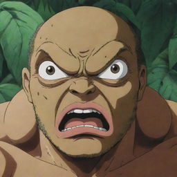 Anime character Pickle, the prehistoric man from 'Baki the Grappler', surprisingly showing fear in his eyes while staring at a tiny, detailed insect, creating a humorous contrast.