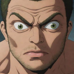 Anime character Pickle, the prehistoric man from 'Baki the Grappler', surprisingly showing fear in his eyes while staring at a tiny, detailed insect, creating a humorous contrast.