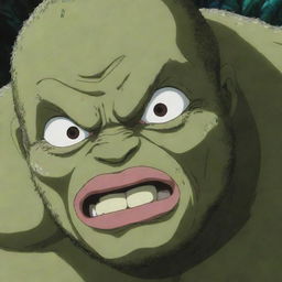 Anime character Pickle, the prehistoric man from 'Baki the Grappler', surprisingly showing fear in his eyes while staring at a tiny, detailed insect, creating a humorous contrast.