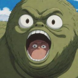 Anime character Pickle, the prehistoric man from 'Baki the Grappler', surprisingly showing fear in his eyes while staring at a tiny, detailed insect, creating a humorous contrast.