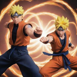 An epic battle scene between Naruto Uzumaki, the determined ninja from Naruto, and Goku, the powerful Saiyan from Dragon Ball, with energetic auras surrounding them in a fierce anime showdown.