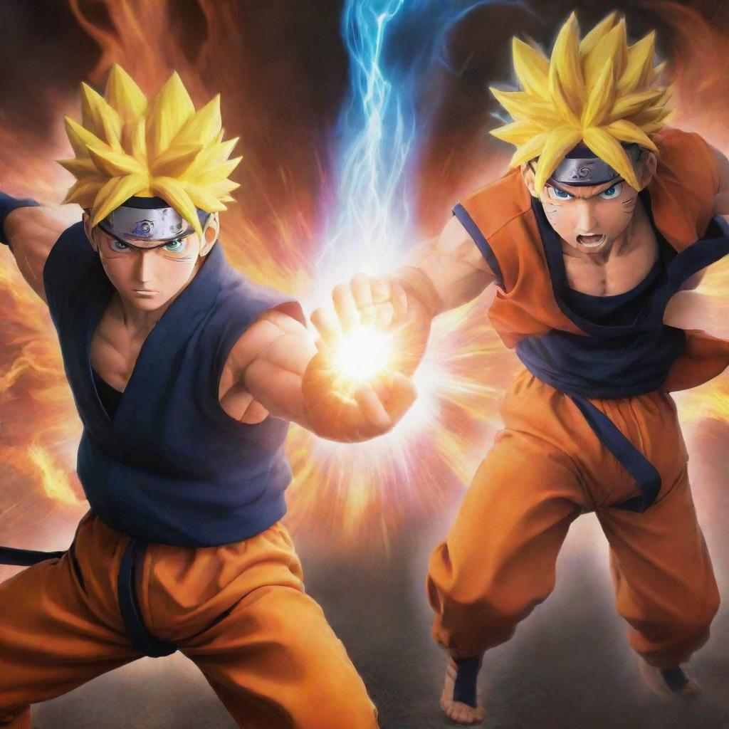 An epic battle scene between Naruto Uzumaki, the determined ninja from Naruto, and Goku, the powerful Saiyan from Dragon Ball, with energetic auras surrounding them in a fierce anime showdown.