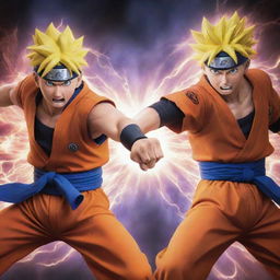 An epic battle scene between Naruto Uzumaki, the determined ninja from Naruto, and Goku, the powerful Saiyan from Dragon Ball, with energetic auras surrounding them in a fierce anime showdown.