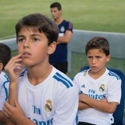 A young boy adorned in a Real Madrid jersey, engrossed in watching TV, where Maldini and Ronaldo can be seen in action on the football field.