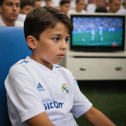 A young boy adorned in a Real Madrid jersey, engrossed in watching TV, where Maldini and Ronaldo can be seen in action on the football field.