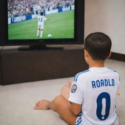 A young boy adorned in a Real Madrid jersey, engrossed in watching TV, where Maldini and Ronaldo can be seen in action on the football field.