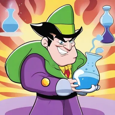 In the cartoon show, the villain misuses a magic potion to gain superpowers and tries to take over the world.