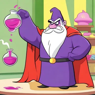 In the cartoon show, the villain misuses a magic potion to gain superpowers and tries to take over the world.