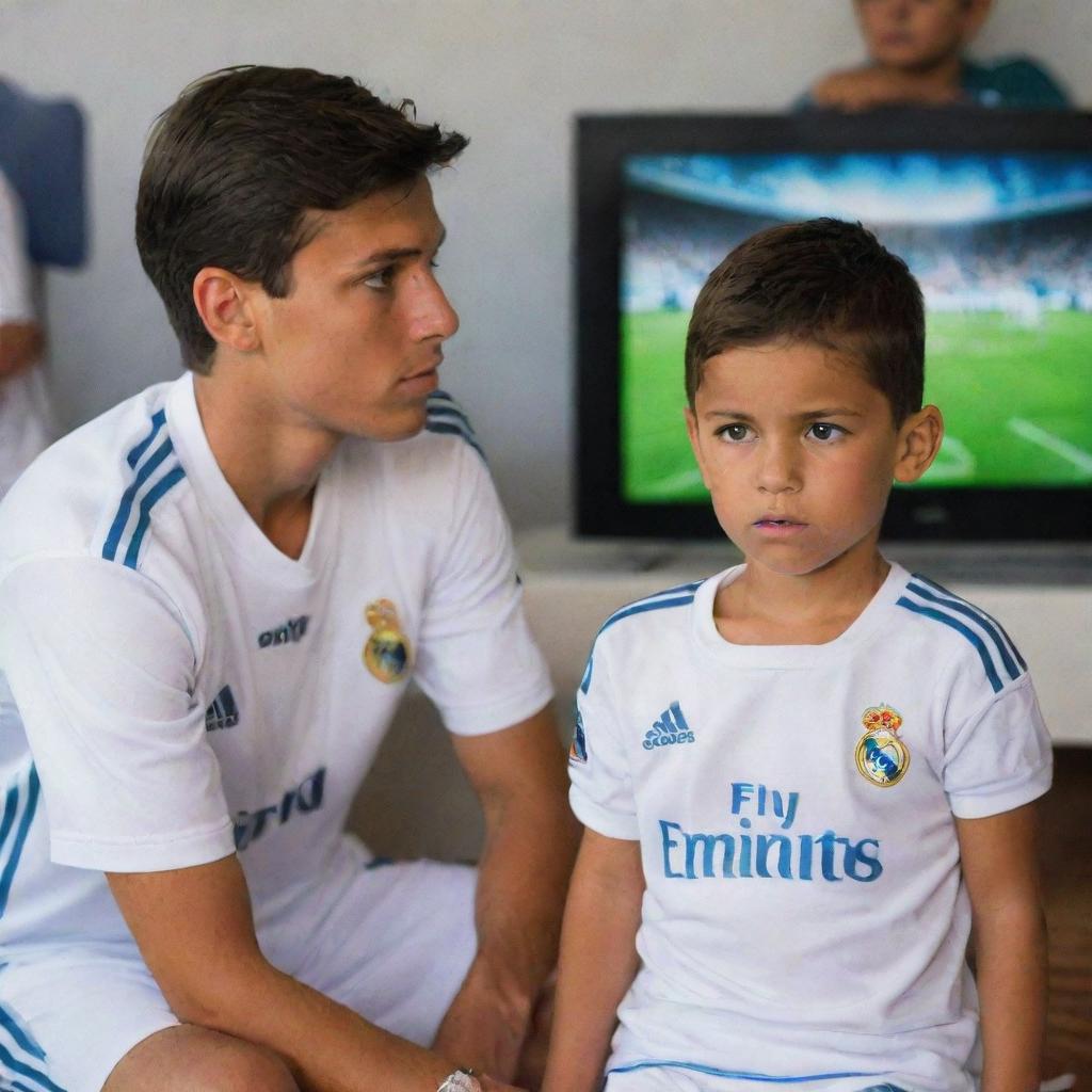 A young boy adorned in a Real Madrid jersey, engrossed in watching TV, where Maldini and Ronaldo can be seen in action on the football field.