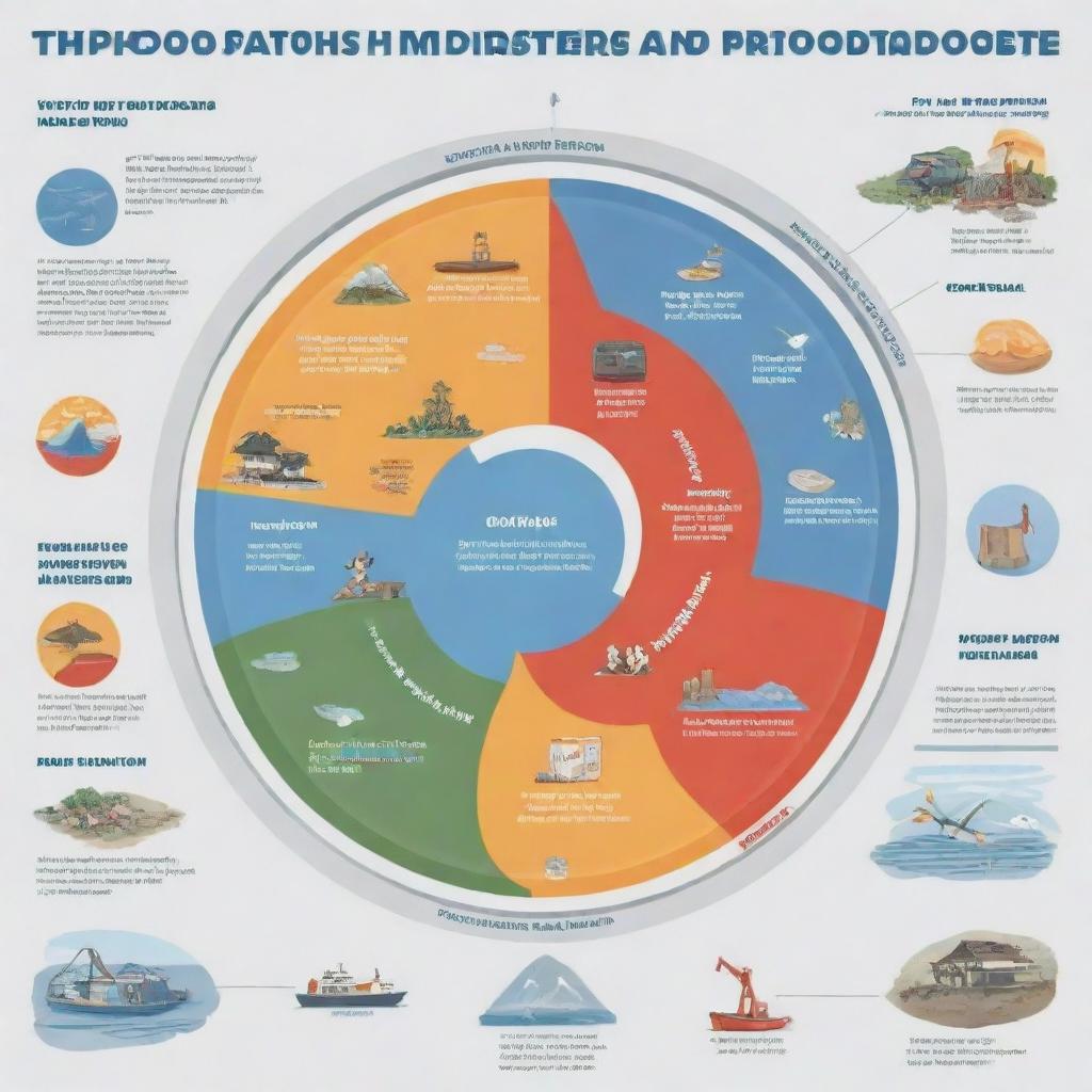 A comprehensive illustration showing the phases of typhoon disaster: preparedness, prevention, and mitigation, disaster response, and rehabilitation.