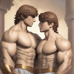 A 3D anime-style image illustrating a romantic scene between two handsome boys from Greek mythology