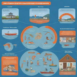 A comprehensive illustration showing the phases of typhoon disaster: preparedness, prevention, and mitigation, disaster response, and rehabilitation.