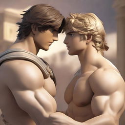 A 3D anime-style image illustrating a romantic scene between two handsome boys from Greek mythology