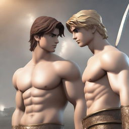 A 3D anime-style image illustrating a romantic scene between two handsome boys from Greek mythology