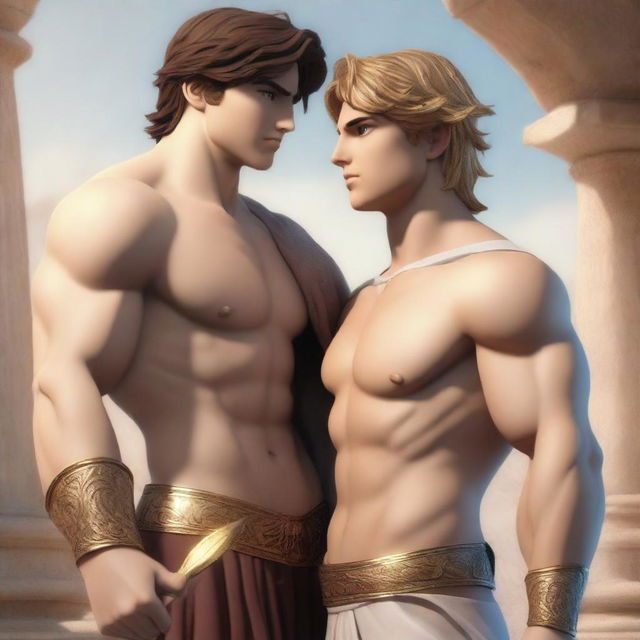 A 3D anime-style image illustrating a romantic scene between two handsome boys from Greek mythology