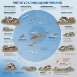 A comprehensive illustration showing the phases of typhoon disaster: preparedness, prevention, and mitigation, disaster response, and rehabilitation.