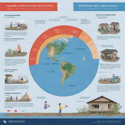 A comprehensive illustration showing the phases of typhoon disaster: preparedness, prevention, and mitigation, disaster response, and rehabilitation.