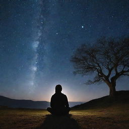 A tranquil scene of a person sitting on the ground, gazing up at a glittering star-filled night sky.