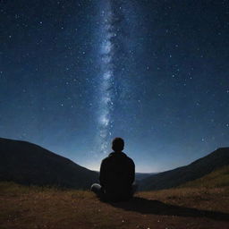 A tranquil scene of a person sitting on the ground, gazing up at a glittering star-filled night sky.