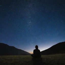 A tranquil scene of a person sitting on the ground, gazing up at a glittering star-filled night sky.