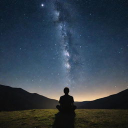 A tranquil scene of a person sitting on the ground, gazing up at a glittering star-filled night sky.