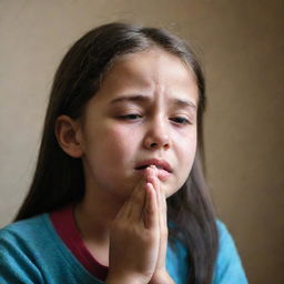 A young girl in an emotional moment of prayer, with tears streaming down her face, expressing profound faith and emotion