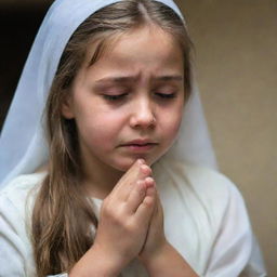 A young girl in an emotional moment of prayer, with tears streaming down her face, expressing profound faith and emotion