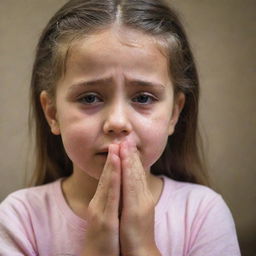 A young girl in an emotional moment of prayer, with tears streaming down her face, expressing profound faith and emotion