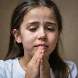 A young girl in an emotional moment of prayer, with tears streaming down her face, expressing profound faith and emotion