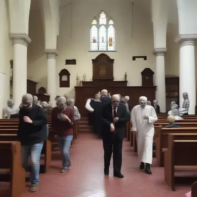 As the zombies approached, the terrified villagers barricaded themselves inside the church en bloc.