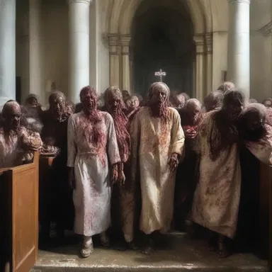 As the zombies approached, the terrified villagers barricaded themselves inside the church en bloc.
