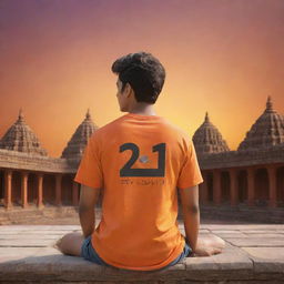 3D illustration of a 21-year-old male wearing an orange shirt with 'UDAY' written on the back, sitting at the forefront of a Lord Ram temple during a mesmerizing sunset.