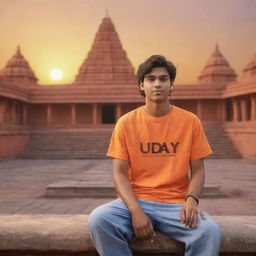 3D illustration of a 21-year-old male wearing an orange shirt with 'UDAY' written on the back, sitting at the forefront of a Lord Ram temple during a mesmerizing sunset.