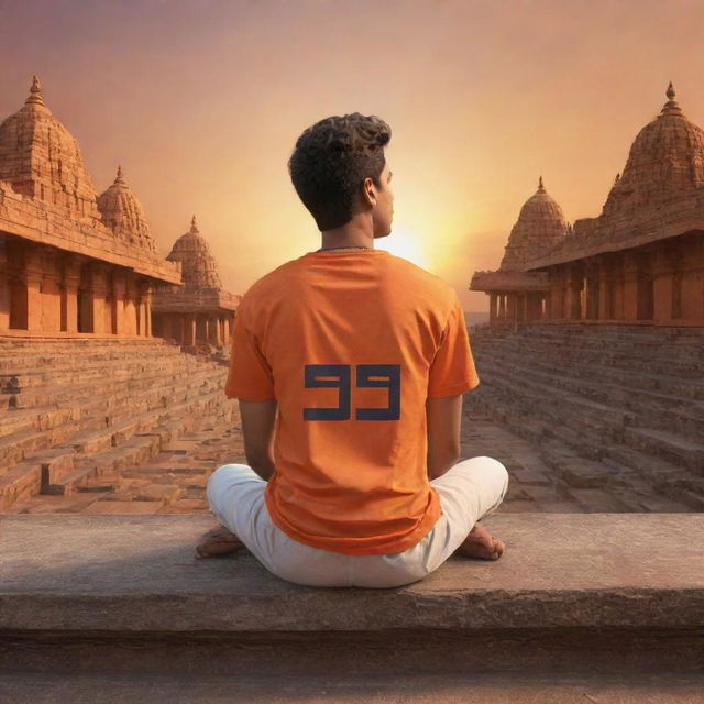 3D illustration of a 21-year-old male wearing an orange shirt with 'UDAY' written on the back, sitting at the forefront of a Lord Ram temple during a mesmerizing sunset.