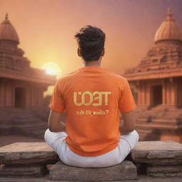 3D illustration of a 21-year-old male wearing an orange shirt with 'UDAY' written on the back, sitting at the forefront of a Lord Ram temple during a mesmerizing sunset.