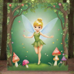 Design a whimsical Tinkerbell-themed birthday tarpaulin, abundant with magical dust, toadstools, trailing vines, and an enchanting woodland setting.