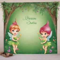 Design a whimsical Tinkerbell-themed birthday tarpaulin, abundant with magical dust, toadstools, trailing vines, and an enchanting woodland setting.