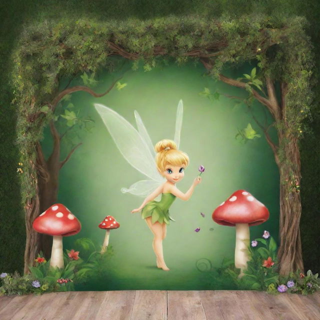 Design a whimsical Tinkerbell-themed birthday tarpaulin, abundant with magical dust, toadstools, trailing vines, and an enchanting woodland setting.