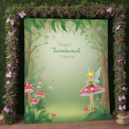 Design a whimsical Tinkerbell-themed birthday tarpaulin, abundant with magical dust, toadstools, trailing vines, and an enchanting woodland setting.