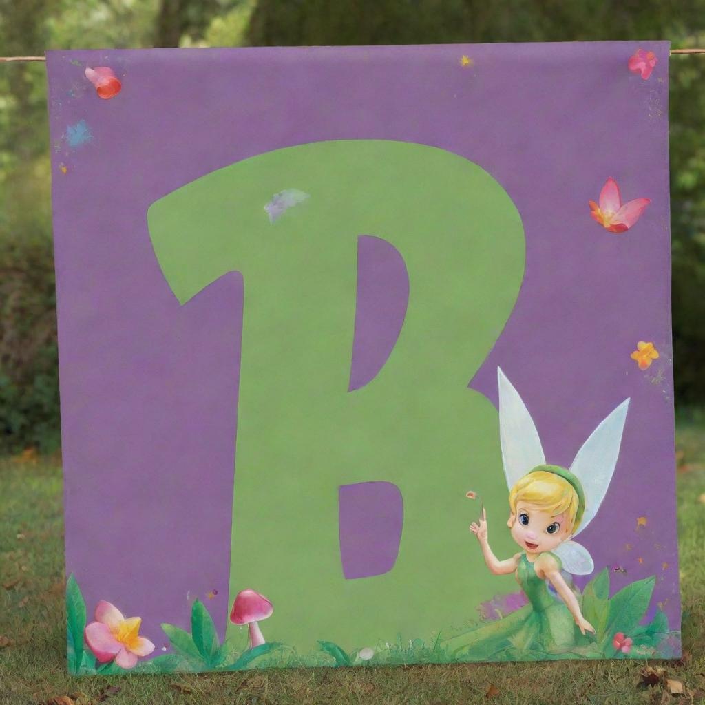 Create an enchanting Tinkerbell-themed tarpaulin for a 1st birthday, filled with pixie dust, magical critters, colorful mushrooms, and featuring number '1' prominently.