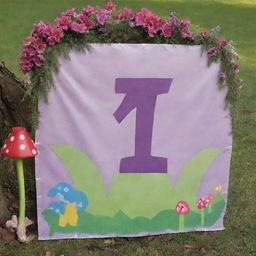 Create an enchanting Tinkerbell-themed tarpaulin for a 1st birthday, filled with pixie dust, magical critters, colorful mushrooms, and featuring number '1' prominently.