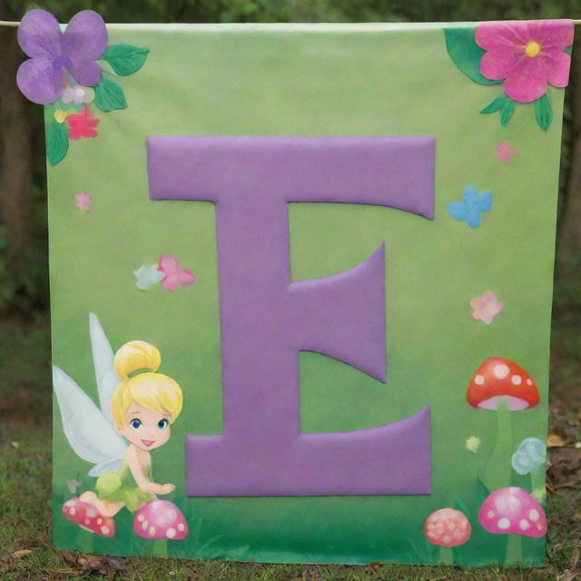 Create an enchanting Tinkerbell-themed tarpaulin for a 1st birthday, filled with pixie dust, magical critters, colorful mushrooms, and featuring number '1' prominently.