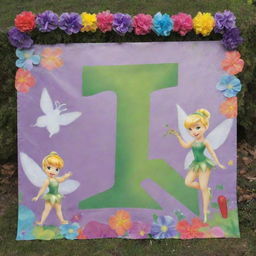 Create an enchanting Tinkerbell-themed tarpaulin for a 1st birthday, filled with pixie dust, magical critters, colorful mushrooms, and featuring number '1' prominently.