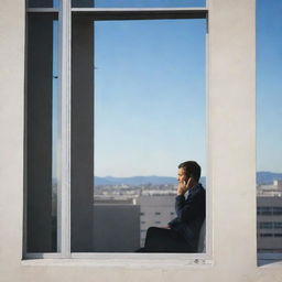 A clear, detailed image illustrating one individual inside a building engaged in a phone call, looking out a window to another individual, who is patiently waiting outside under a bright, open sky.