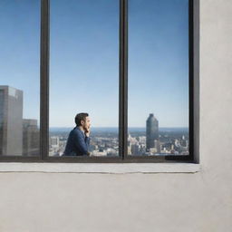 A clear, detailed image illustrating one individual inside a building engaged in a phone call, looking out a window to another individual, who is patiently waiting outside under a bright, open sky.