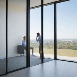 A clear, detailed image illustrating one individual inside a building engaged in a phone call, looking out a window to another individual, who is patiently waiting outside under a bright, open sky.