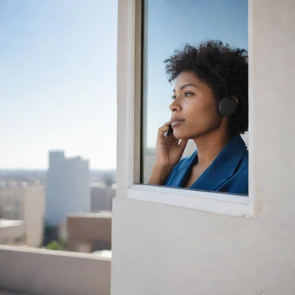 A clear, detailed image illustrating one individual inside a building engaged in a phone call, looking out a window to another individual, who is patiently waiting outside under a bright, open sky.